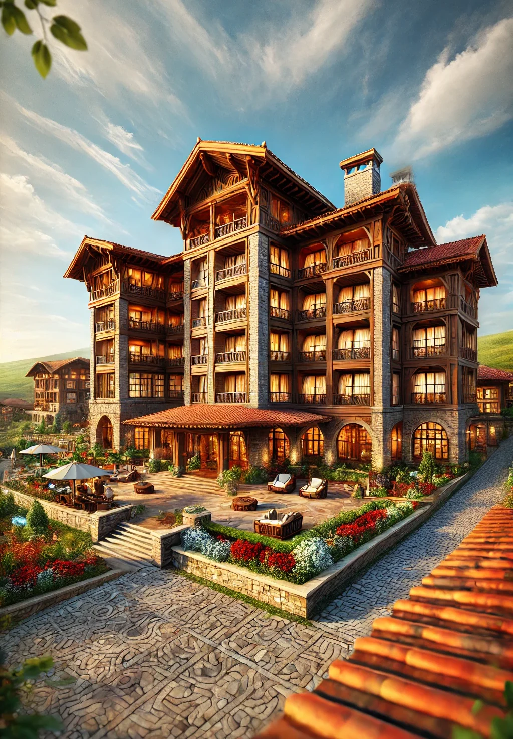 DALL·E 2024-11-26 00.58.35 - A high-resolution vertical view of a luxurious countryside hotel with a rustic style, emphasizing warm brown tones and vibrant colors. The structure f