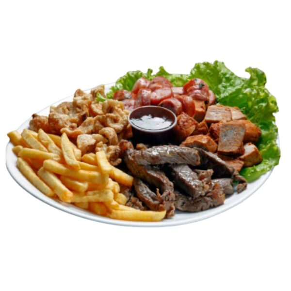 Porção fritas, linguiça e carne