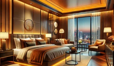 DALL·E 2024-11-26 03.00.26 - A luxurious hotel room with vibrant lighting in shades of brown and beige, featuring a king-sized bed with plush bedding, a modern headboard, and eleg