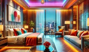 DALL·E 2024-11-26 03.00.34 - A luxurious hotel room with vibrant lighting, featuring a king-sized bed with plush bedding, an elegant headboard, and modern decor. The room includes